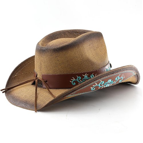 LIDHAY Men & Women's Woven Straw Cowboy Cowgirl Hat New Western Style Classic Cowboy Straw Hat Wide Brim Sun Hat R29 Brown