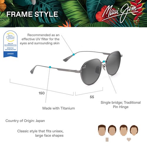 Maui Jim Kaulana AF Round Sunglasses, Shiny Dark Ruthenium/Neutral Grey Polarized, Large