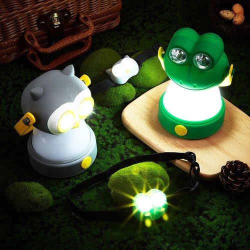 VIHOSE 2 Set Animal LED Camping Lantern and Headlamp 4 Pcs Animal Themed Camping Equipment Room Nightlight Battery Powered Night Light for Emergency, Hurricane, Lightweight Tent Lamp(Frog, Owl)