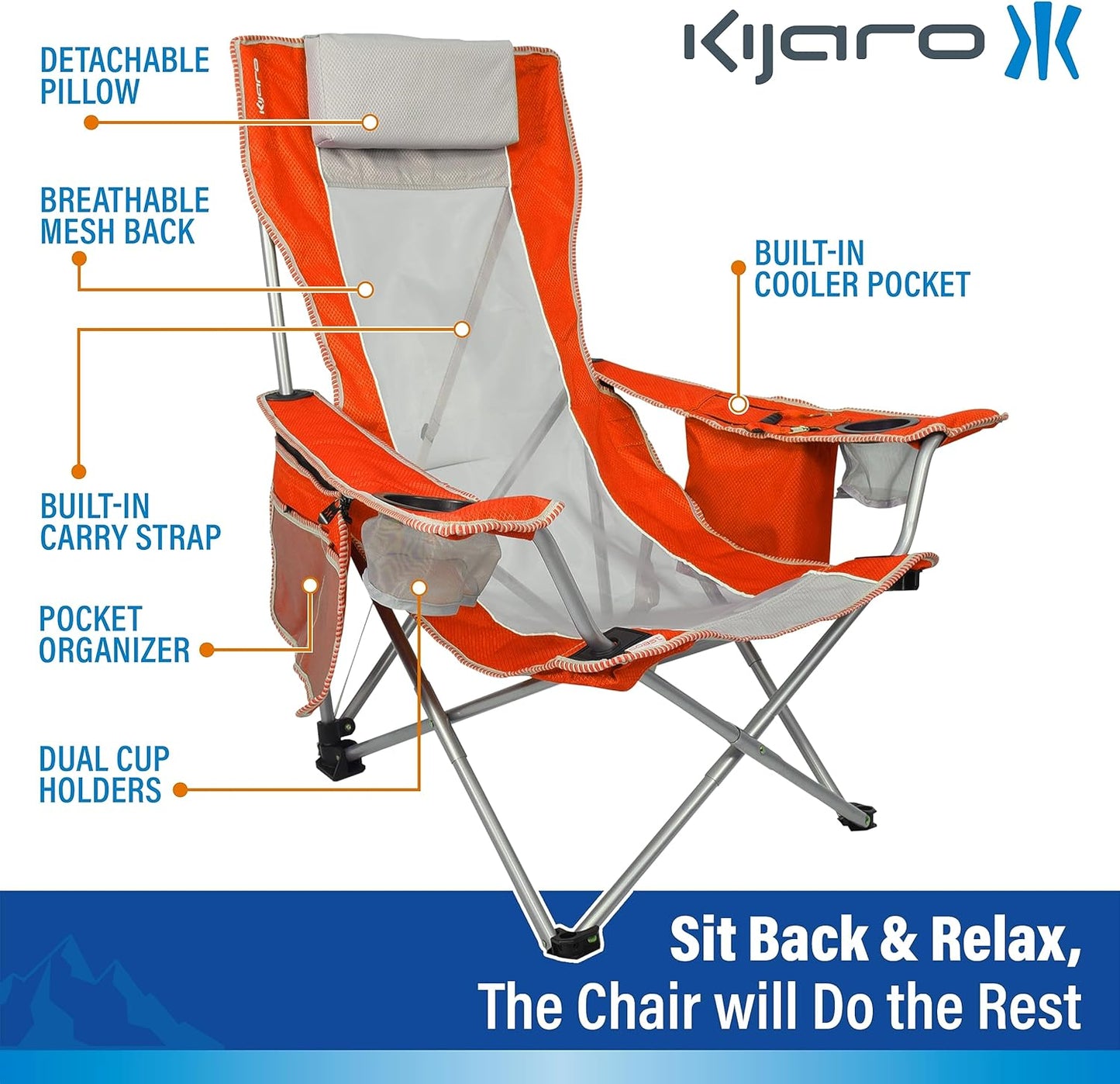 Kijaro Beach Sling Chair with Cooler Pocket - Various Fun Colors & Patterns - Perfect Beach Folding Chair and Camping Chair - Includes a Detachable Pillow