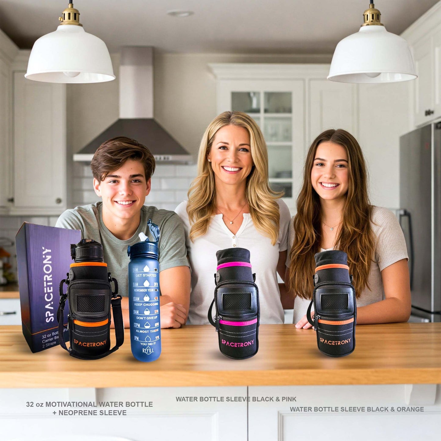 32oz Motivational Water Bottle - Neoprene Water Bottle Sleeve for Running/Hiking - Water Bottle Holder with Straps for Shoulder/Crossbody Pockets for Phone/Keys/Cards, Perfect for outdoor activities.