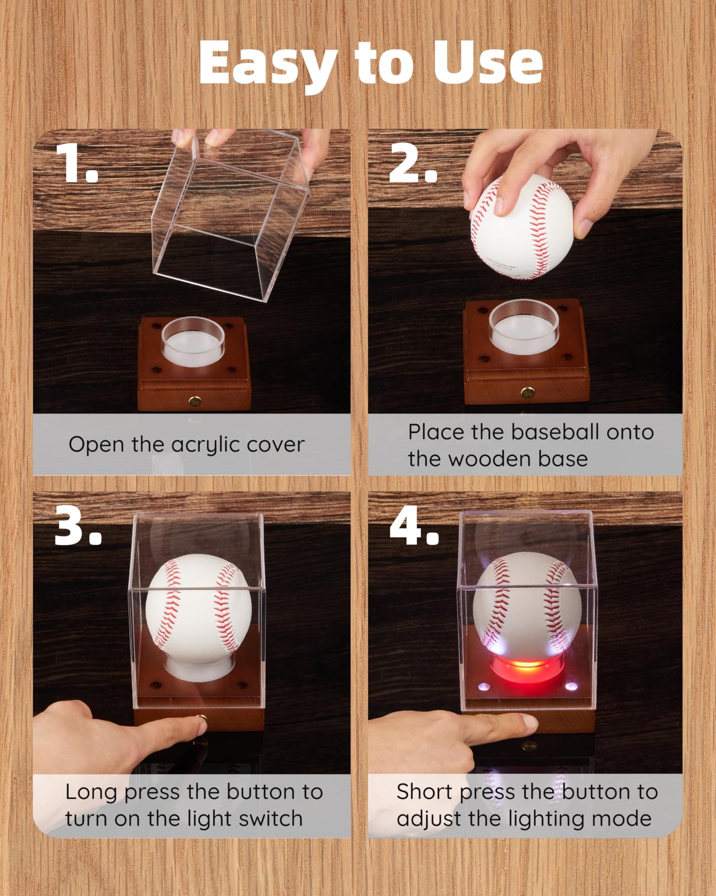 Fitense Baseball Display Case with Led Light, Clear Acrylic Baseball Case Display with Wooden Base, UV Protected Baseball Holder Case, Clear Baseball Stand Box for Memorabilia Baseball