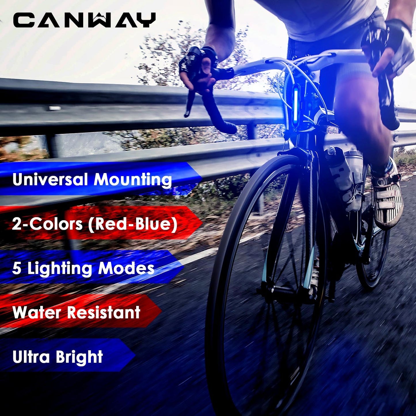 CANWAY Bicycle Rear Light Red Blue, Bike Tail Light Rechargeable 168 Lumens Bike Tail Light Battery USB C 500 mah Turn Signals 5 Modes Waterproof Safety for Road Mountain Night Riding