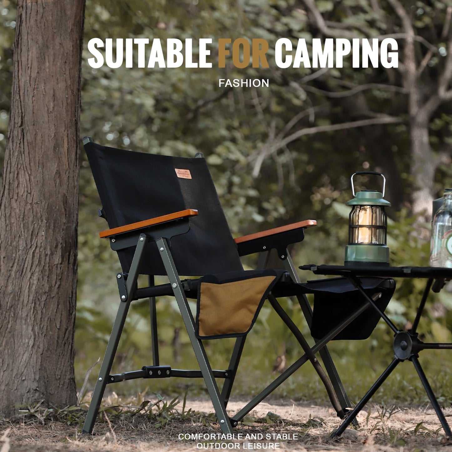 FEIWOOD GEAR Folding Camping Chair, Lightweight Portable Chair Wood Armrest with Side Pockets, Cup Holder for Camping, Picnic, Concert, Beach, Fishing, Outdoor