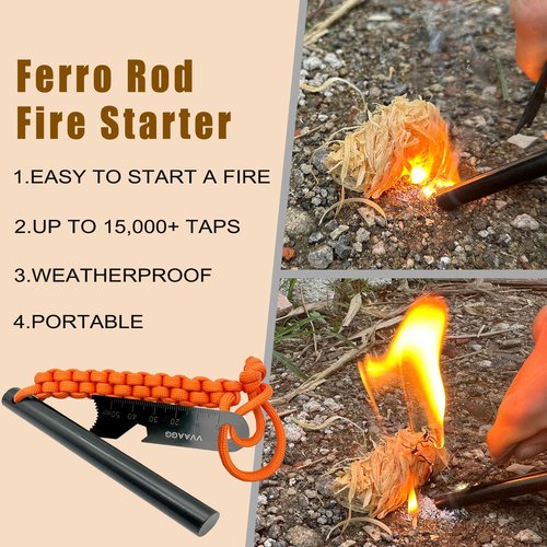 VVAAGG 4 Inch Large Ferro Rod Fire Starter, Survival Flint Fire Starter Kit with Orange Paracord Landyard Handle and Striker (Orange)