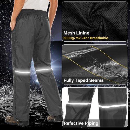Men's Rain Pants Waterproof Over Pants Windproof Outdoor Hiking Pants for Golf, Fishing，Cycling Black