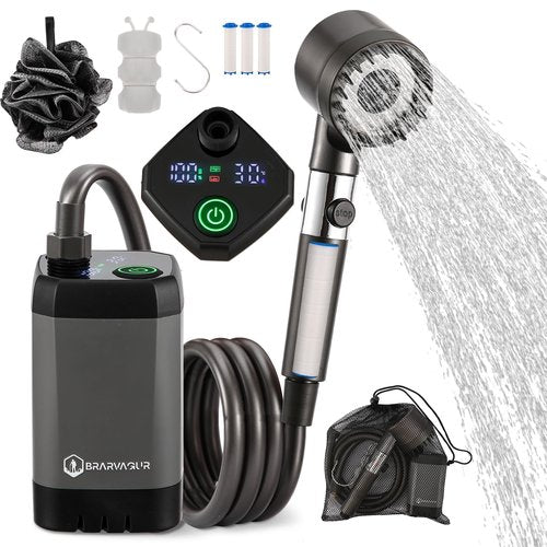 Brarvagur Upgrade Portable Camping Shower, 6000mAh Rechargeable Electric Shower Pump with Intelligent Digital Display Multiple Spray Modes Filtered Shower Head with Handheld for Outdoor Hiking, Travel