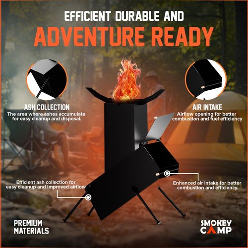 Rocket Stove for Camping Heavy Duty Wood Burning Stove with Adjustable Legs, Portable Wood Burning Fire Camping Stove, Cooking Camping Grilling Outdoor Backyard BBQ Stove with Storage Bag, Rod, Gloves
