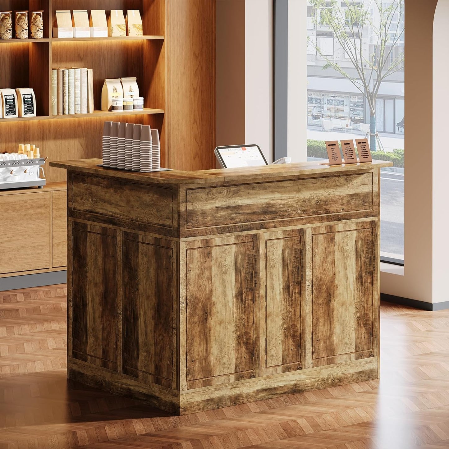 Tribesigns Reception Desk with Storage Shelves, L-Shaped Modern Front Desk, Reception Counter Table for Small Office, Salon, Checkout Office, Black