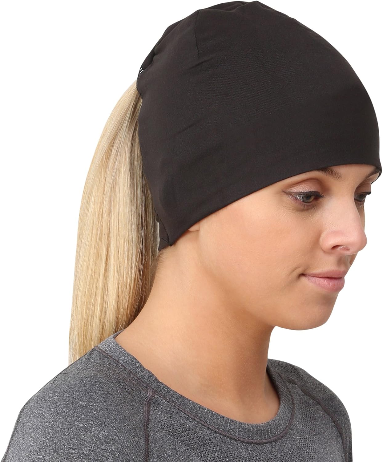 TrailHeads Ponytail Hat - Adrenaline Series | Women’s Running Beanie with Reflective Accents | Black Skull Cap