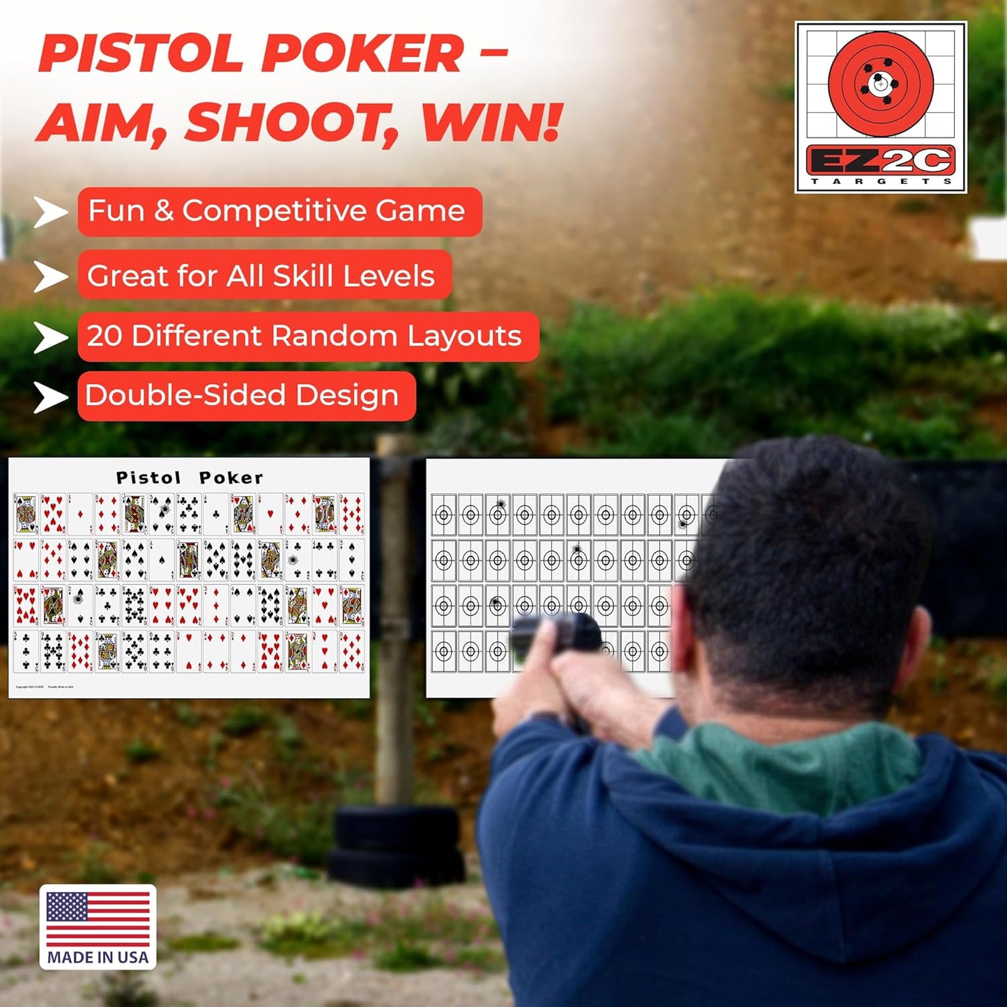 EZ2C paper targets for shooting, sheet of 52 random sorted playing cards range targets - bullseye shooting targets game on back side, both side gun target, 12"x18" (20 pack)