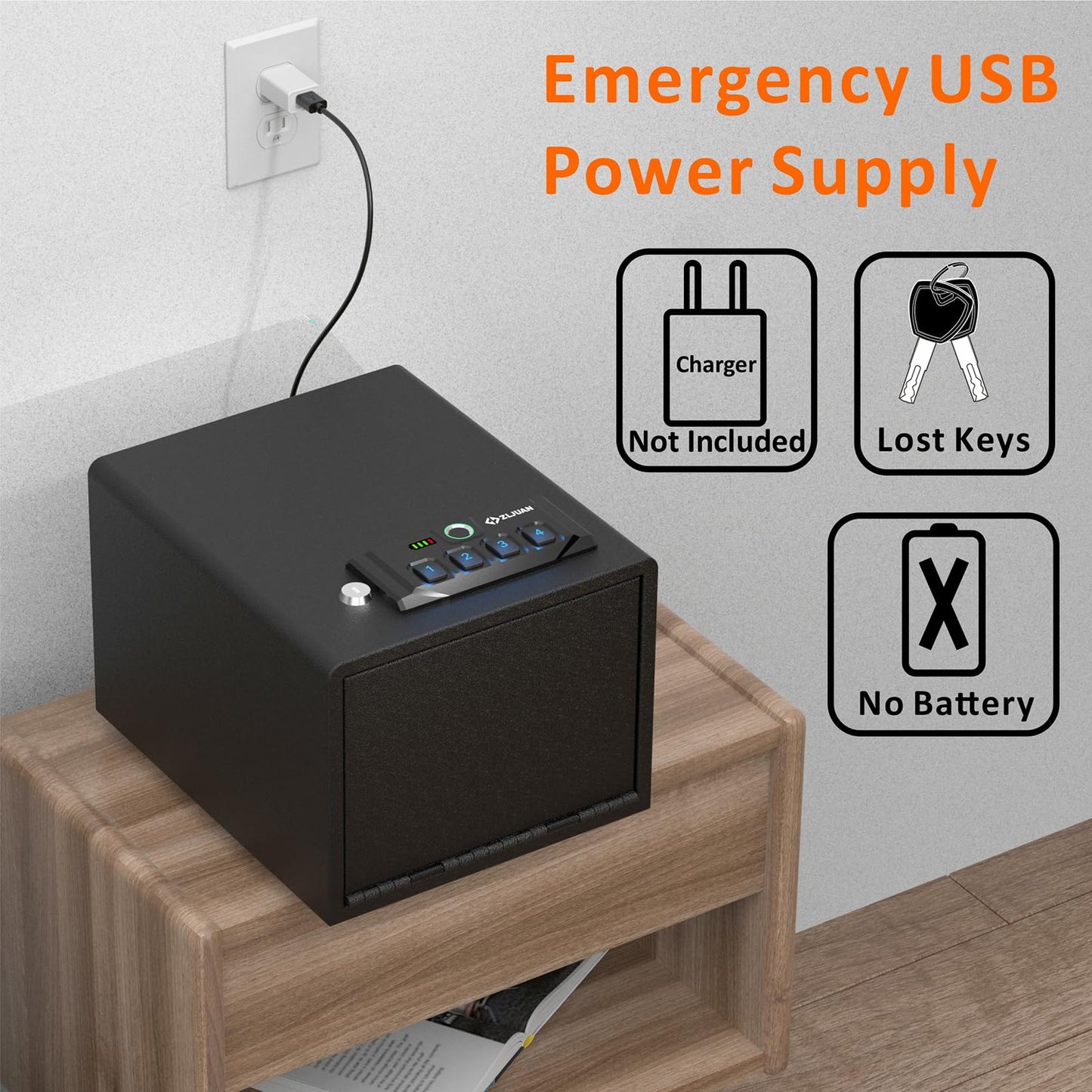 Z ZLJUAN Gun Safes for Pistols,Quick-Access Handgun Safe,Safety Device with Biometric&Digital Key Pad&Key,High Capacity Pistol Safe for Nightstand&Car&Home&Office (Black-with Backup Power Cable)