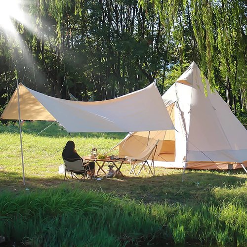 YUEWO 15×10FT 210D Oxford UPF50+ Shelter Camping Tarp with 2 * 7FT Poles, Waterproof & Lightweight Tent Tarp, Rain Fly Sun Shelter, Can Used with Car,Tent & Hammock for Picnic, Garden & Outdoor