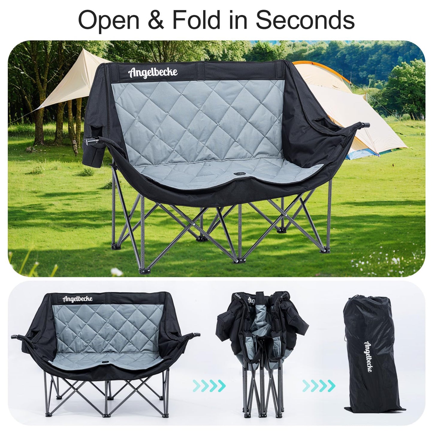 ANGELBECKE Double Camping Chair Oversized Padded Camping Sofa for 2 Person Heavy Duty Outdoor Folding Couch Portable Lawn Chair with Dual Cup Holders & Wine Glass Holders Weight Bearing 660LBS