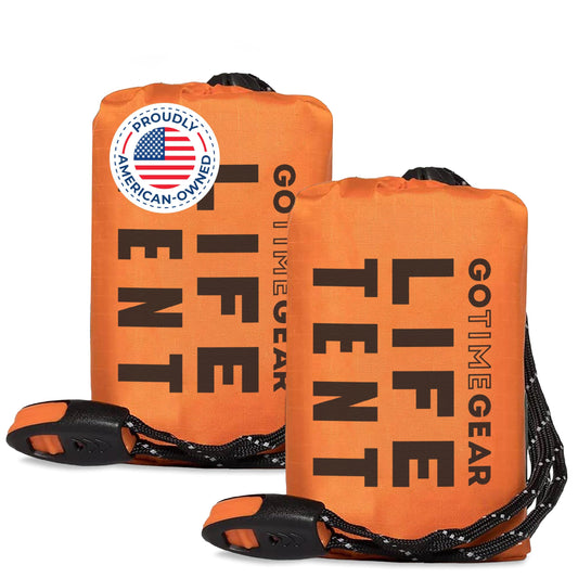 Go Time Gear Emergency Camping Tent - 2-Person Orange - Lightweight Waterproof Shelter for Camping & Hiking - Includes 120 dB Whistle & Paracord - Survival Kit Shelter for Hiking Gear