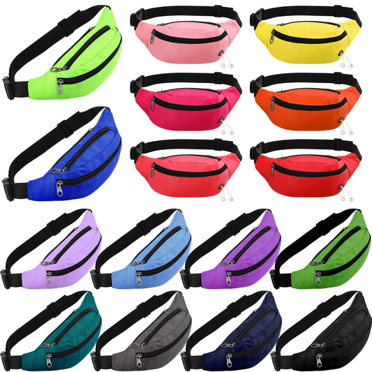 16 Pcs Fanny Packs for Men Women Colorful Waist Pack Bags with Headphone Jack Waterproof Crossbody Waist Bag Adjustable Strap Waist Pouch Bag for Running Travel Cycling Hiking Workout Casual Rave
