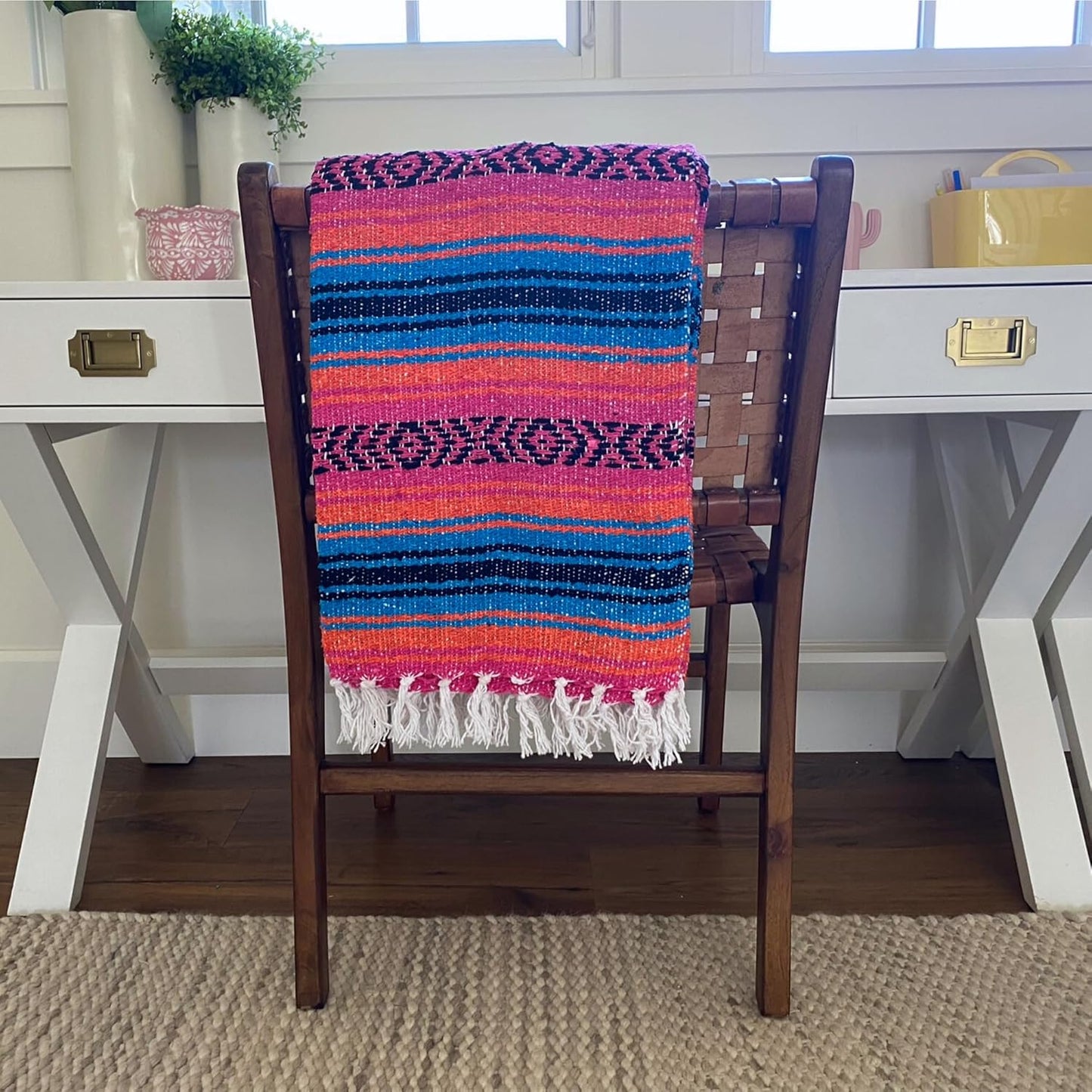 Authentic Del Mex Large Mexican Blanket - Woven Falsa Throw (70"x50") for Beach, Yoga & Outdoor Decor - Pink/Tan