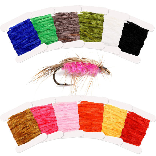 Gejoy 12 Pcs Chenille Fly Tying Materials 65.64 Yards Craft Tieing Fly Tying Chenille DIY Dry Fly Tying Thread for Nymph Woolly Bugger Flex Hackle Body Material, 12 Colors