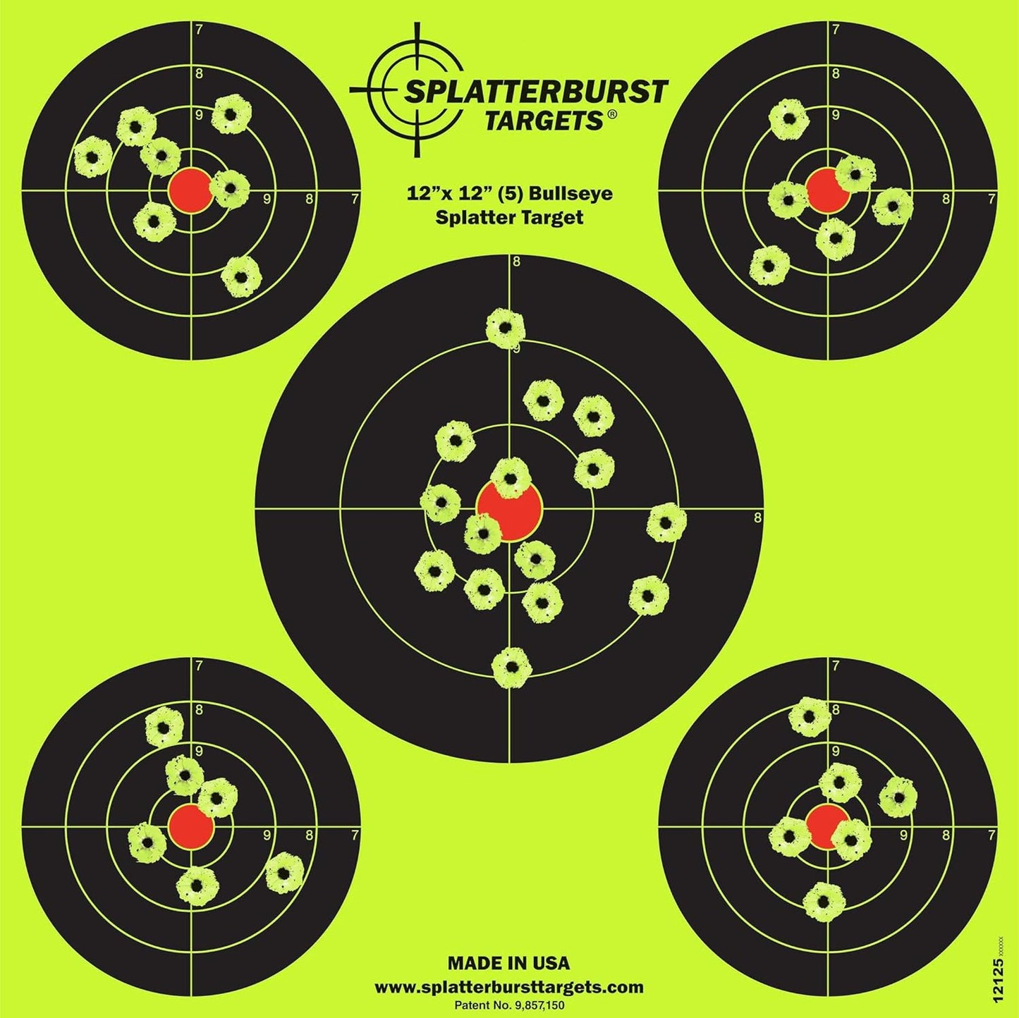 Splatterburst Targets - 12 x12 inch (5) Bullseye Reactive Shooting Target - Shots Burst Bright Fluorescent Yellow Upon Impact - Gun - Rifle - Pistol - Airsoft - BB Gun - Air Rifle