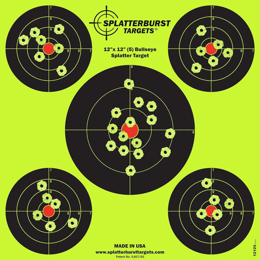 Splatterburst Targets - 12 x12 inch (5) Bullseye Reactive Shooting Target - Shots Burst Bright Fluorescent Yellow Upon Impact - Gun - Rifle - Pistol - Airsoft - BB Gun - Air Rifle