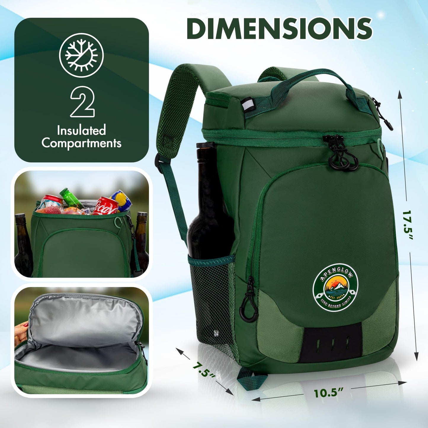 Apenglow Backpack Cooler – Leakproof Cooler Bag – Waterproof Holds 24 Cans