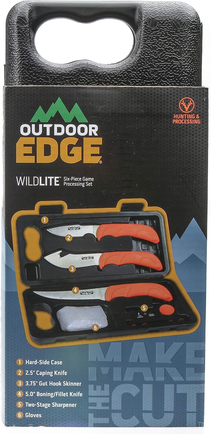 OUTDOOR EDGE WildPak, 8-Piece Field to Freezer Hunting & Game Processing Knife Set with Caping Knife, Gut-Hook Skinner, Boning/Fillet Knife, Wood/Bone Saw, Spreader, Gloves, and Hard-Side Carry Case