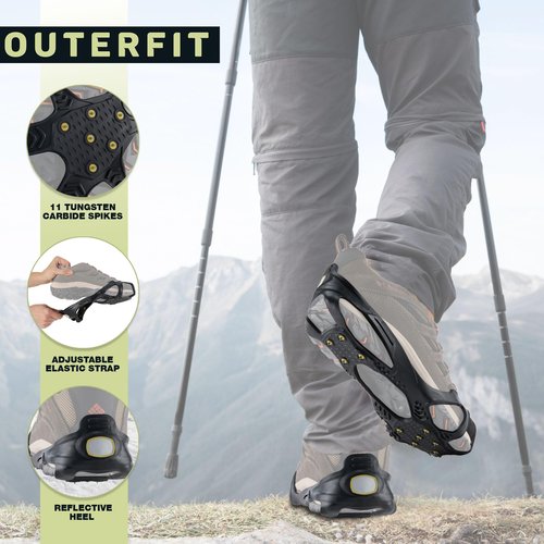 Outerfit Non-Slip Crampons with Tungsten Steel Spikes, Shoe Spikes for Snow and Ice, Cleats for Hiking, Fishing, Walking
