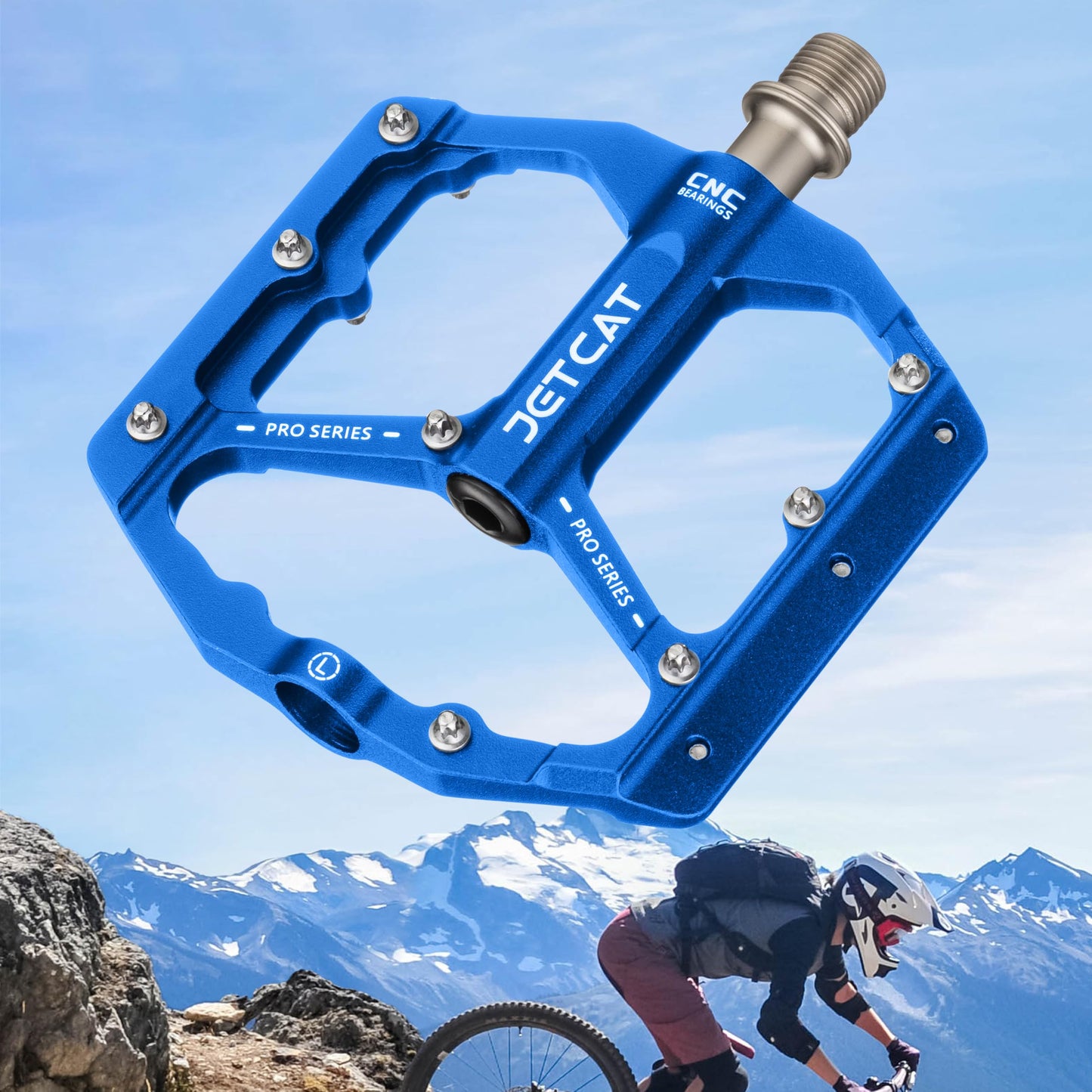 JETCAT Mountain Bike Pedals Flat - MTB Pedals Flat, Bicycle Pedals, Road Bike Pedals, BMX Pedals, for BMX MTN Road Gravel EBike, Specialized Parts, Adults, Aluminum Metal Stamp 9/16" Blue