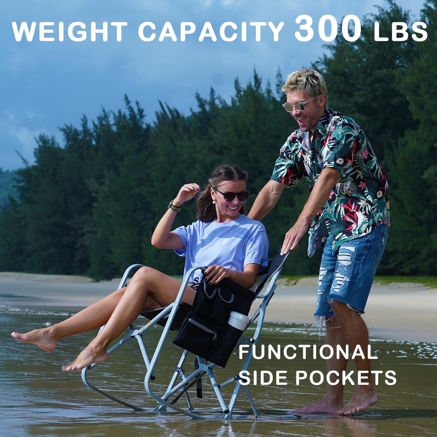 FUNDANGO Rocking Camping Chair for Adults, Oversized Portable Rocking Chair Outdoor Folding with Cooler and Side Pocket for Outside, Backyard, Patio, Lawn, Garden (Black/Grey)