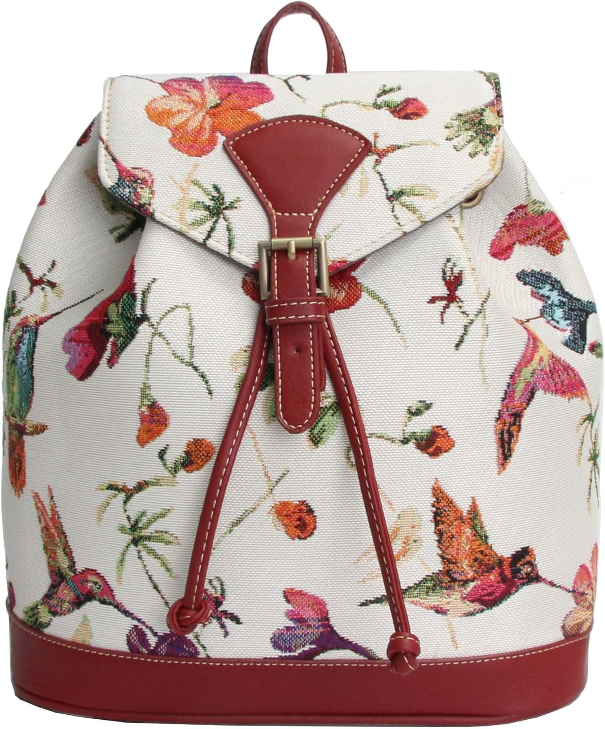 William Morris Strawberry Thief Tapestry Flap Buckle Pull String Backpack by Signare