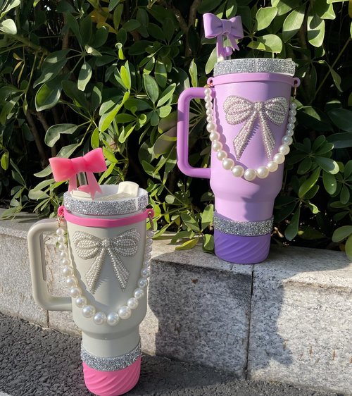 DJRF JJ Stanley Cup Accessories Set 40 oz 30 oz Stanley Cup Boot Silicone Strap Flash Star Decorative Sticker Charms Pearl Tidai Decoration (Bright pink7)