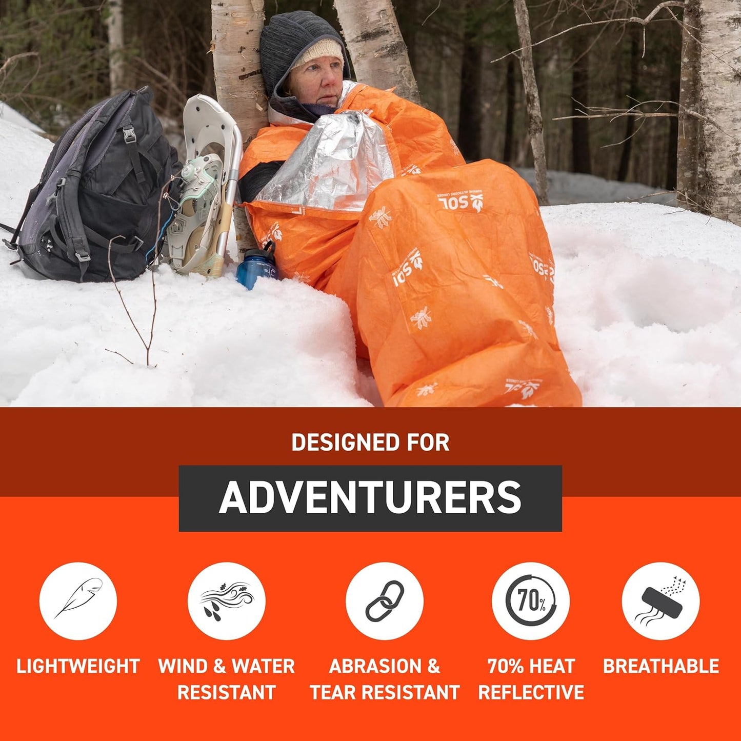 S.O.L. Survive Outdoors Longer SOL Escape Lite Bivvy - Reflects up to 70% Body Heat - Waterproof Emergency Blanket for Survival Gear - 82" x 32" - 5.5 oz - Orange