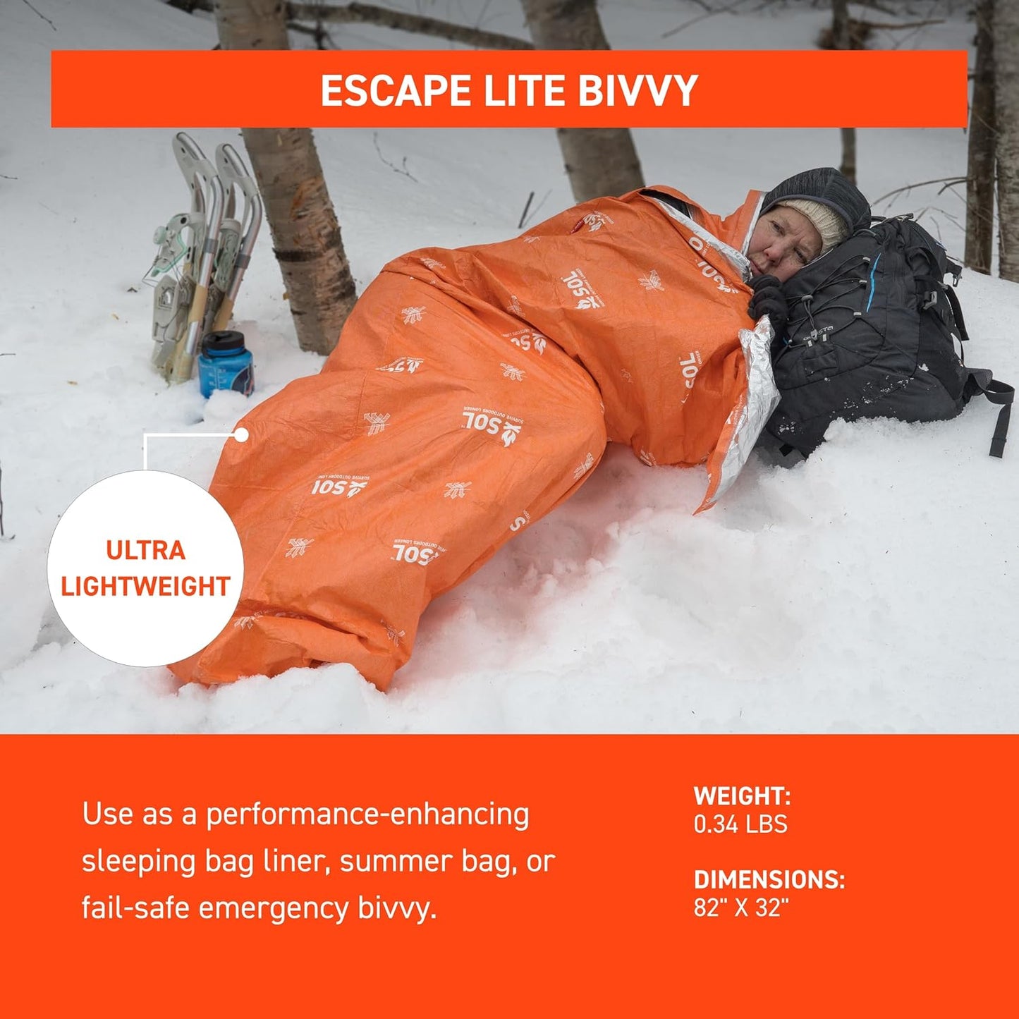 S.O.L. Survive Outdoors Longer SOL Escape Lite Bivvy - Reflects up to 70% Body Heat - Waterproof Emergency Blanket for Survival Gear - 82" x 32" - 5.5 oz - Orange