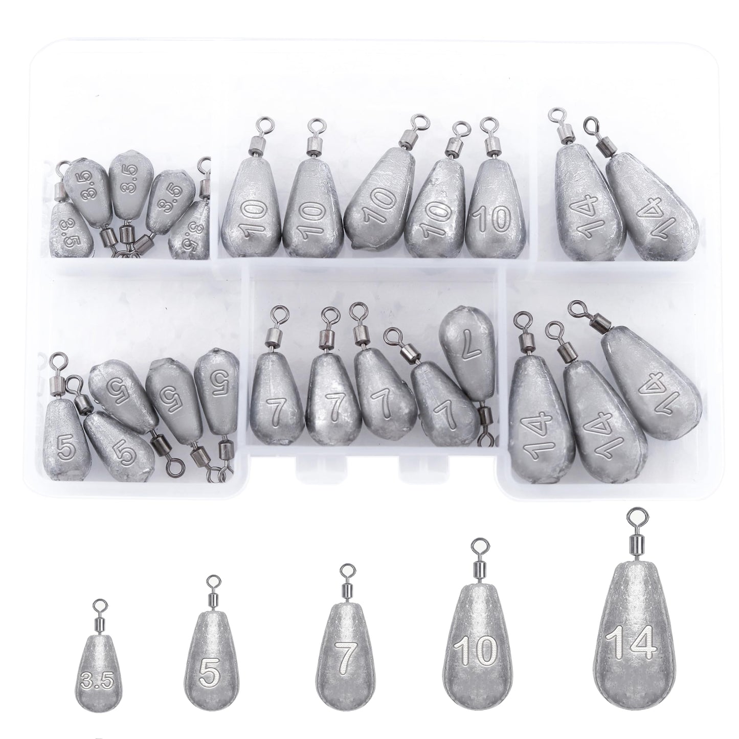Fishing Weights Sinkers Kit 25pcs Bass Casting Weights Drop Shot Weights with Swivel for Freshwater Saltwater Catfish Weights