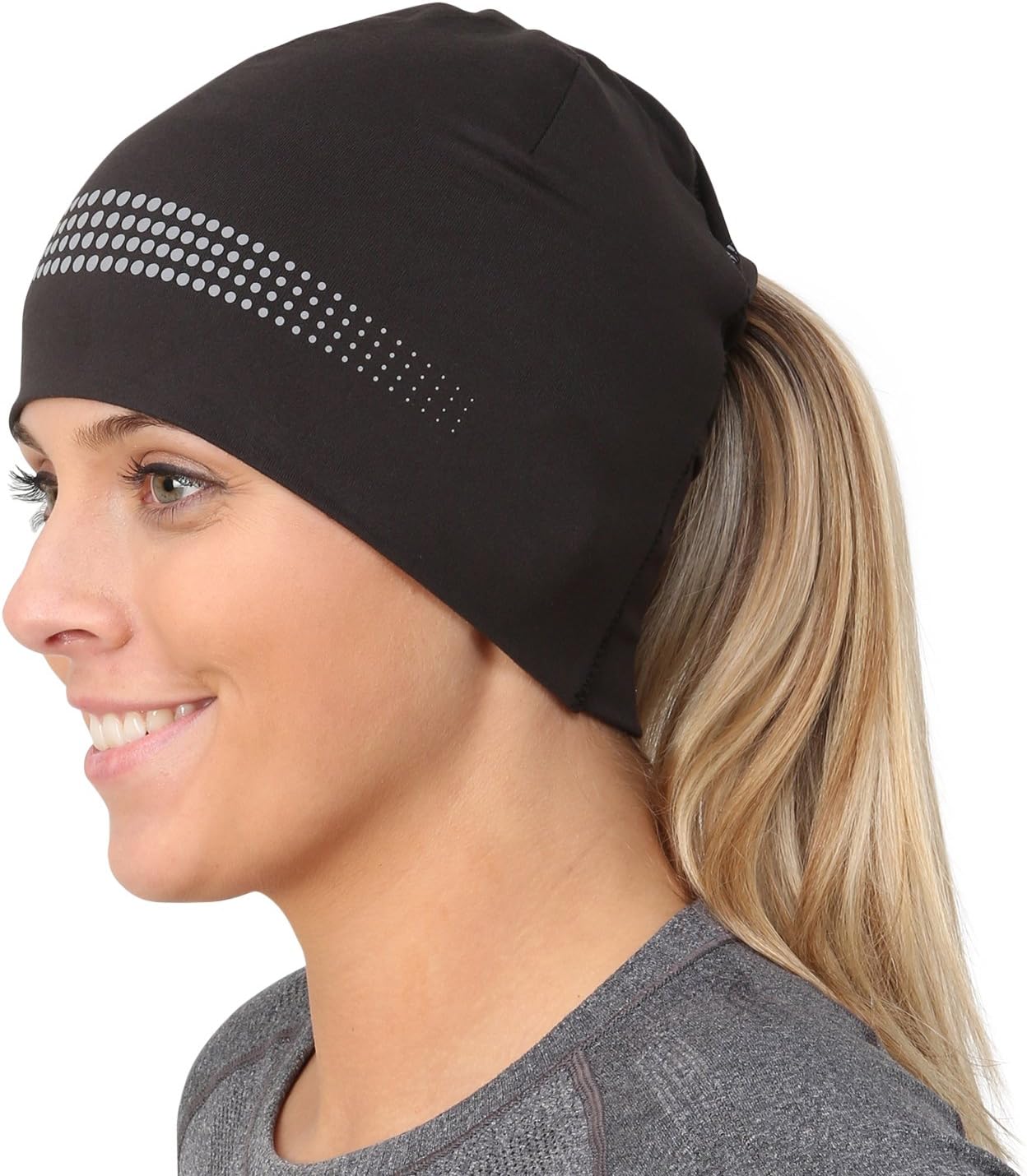 TrailHeads Ponytail Hat - Adrenaline Series | Women’s Running Beanie with Reflective Accents | Black Skull Cap