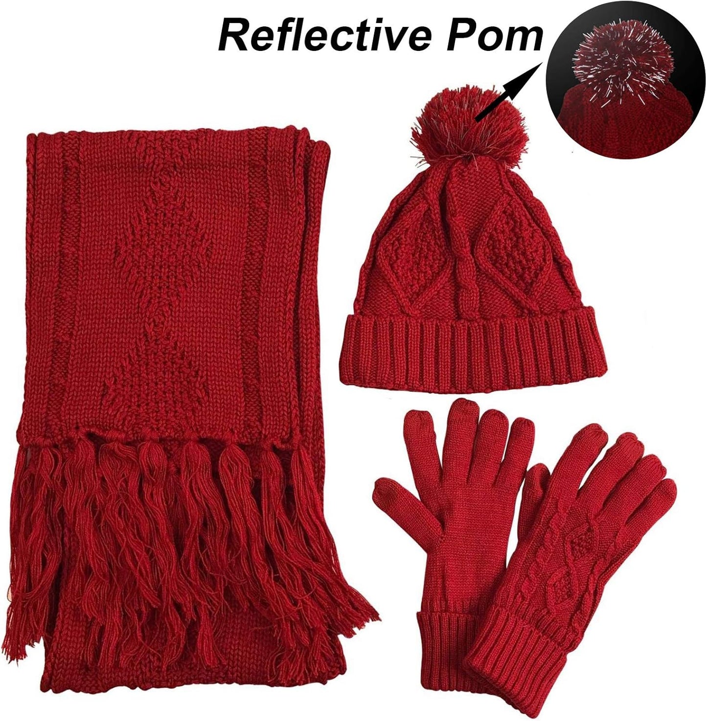 Winter Hat Gloves Scarf Set for Women, Cable Knit Beanie Pom Cap Touch Screen Glove Long Scarf 3PCS Winter Gift for Women Men