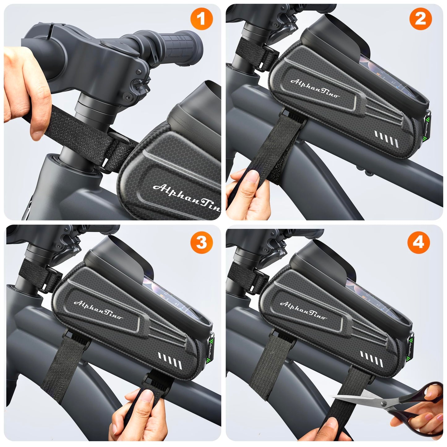 Alphantino Bike Phone Holder Bag - Waterproof Hard Case Large Capacity Top Tube Front Frame Bicycle Pouch Cycling Mount, Bike Accessories, TPU Touch-Screen & Sun-Visor (Green ZIpper)