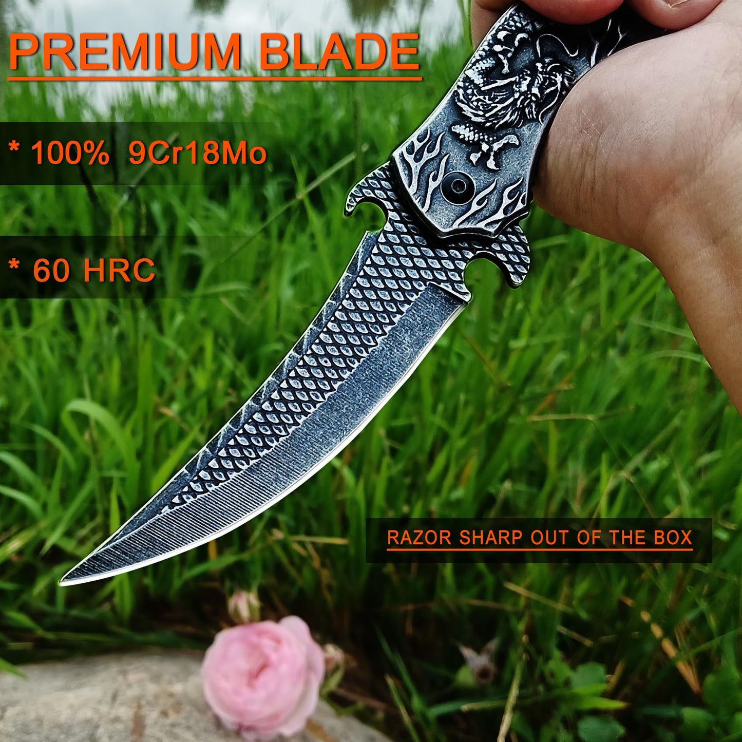 MADSMAUG Pocket Knife, 9Cr18Mo BLADE Pocket Folding Knife With Sheath, Cool 3D Dragon EDC knife, Great Gift Pocket Knife For Men Outdoor Survival Camping (Black)