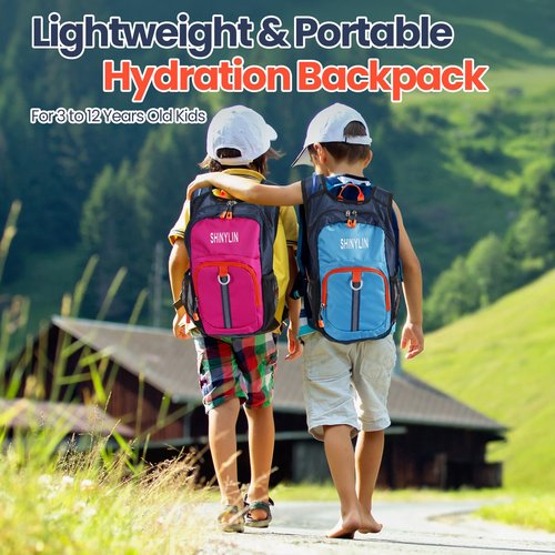 Shinylin 2 Pcs Kids Hydration Backpack with 1.5l Water Bladder Lightweight Kids Hiking Backpack Water Rucksack for Boys Girls Climbing Running(Blue, Purple)