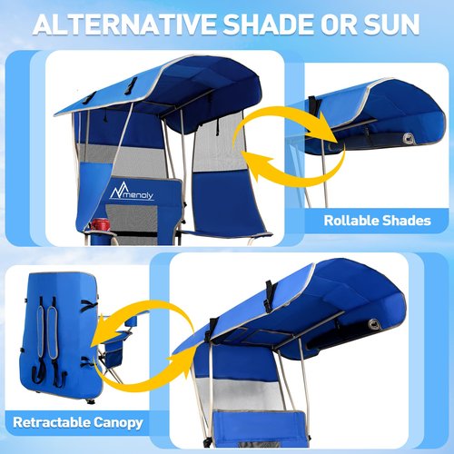 MENOLY Camping Chair with Shade Canopy, Folding Canopy Chair with Cooler Bag for Outdoor Sports, Lawn Chairs with Extra Storage Space, Sturdy Steel Frame for Camping, Beach, Tailgates, Fishing