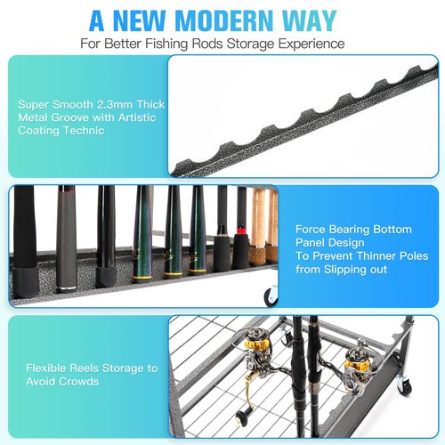 PeBro Fishing Pole Holders, Fishing Rod Holders for Garage, Fishing Rod Holder for Fishing Rod Tackle Box Reel Storage, All-In-One Fishing Rod Rack with Hooks and Wheels