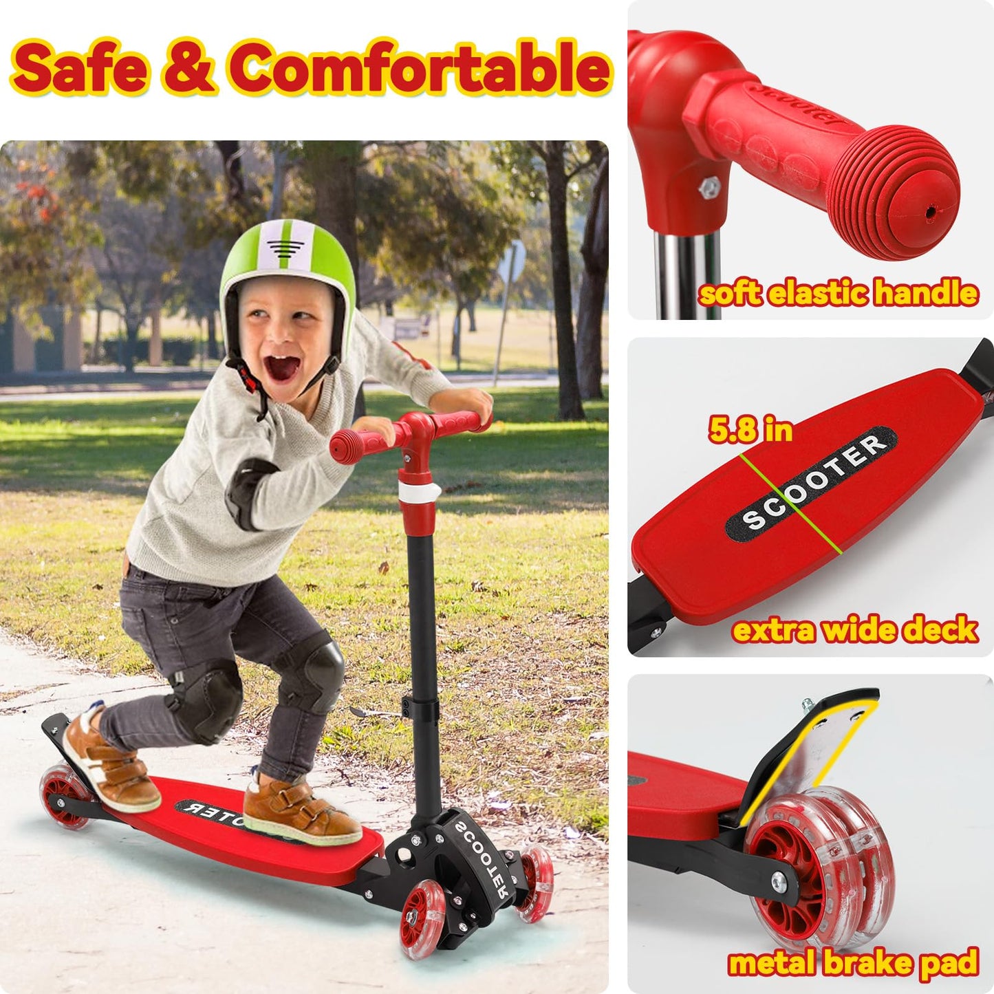 Scooter for Kids 3-12, Kid Scooters with Extra-Wide Deck, 165 lb Capacity, 3 Wheel Lean to Steer Kick Scooter and Height Adjustable Handlebar, Light Up Wheels for Stable Smooth Riding, Xmas Child Gift