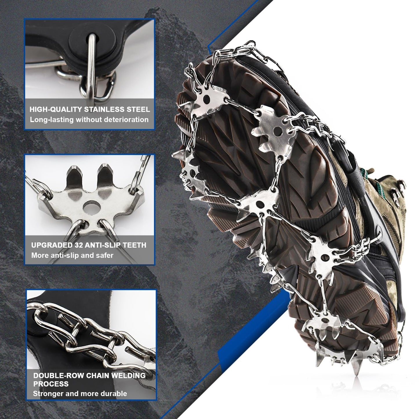 32-Spike Hiking Boots & Shoes Traction Cleats Ice Snow Grips Stainless Steel Anti Slip for Winter Outdoor Activities