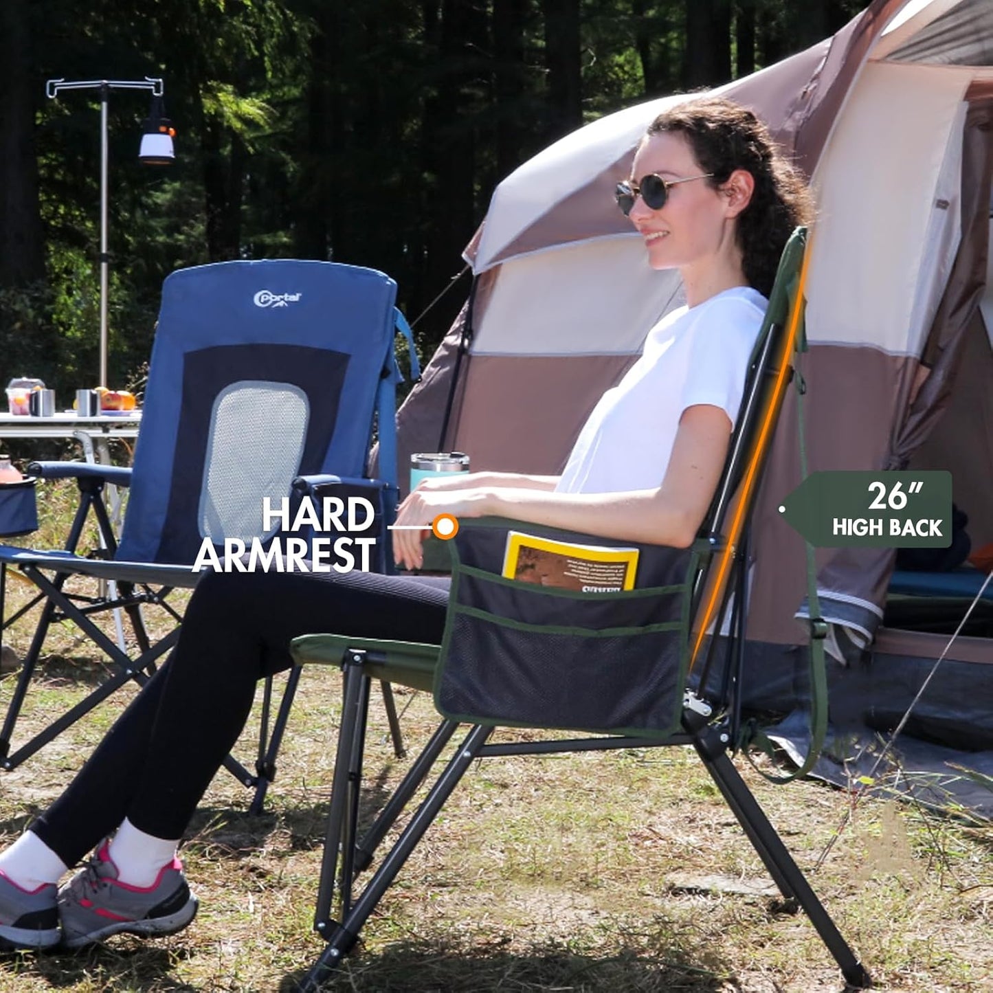 PORTAL Oversized Folding Camping Chair High Back Portable Lawn Chairs for Adults Outdoor Sports with Hard Armrest Cup Holder，Supports 400LBS Black