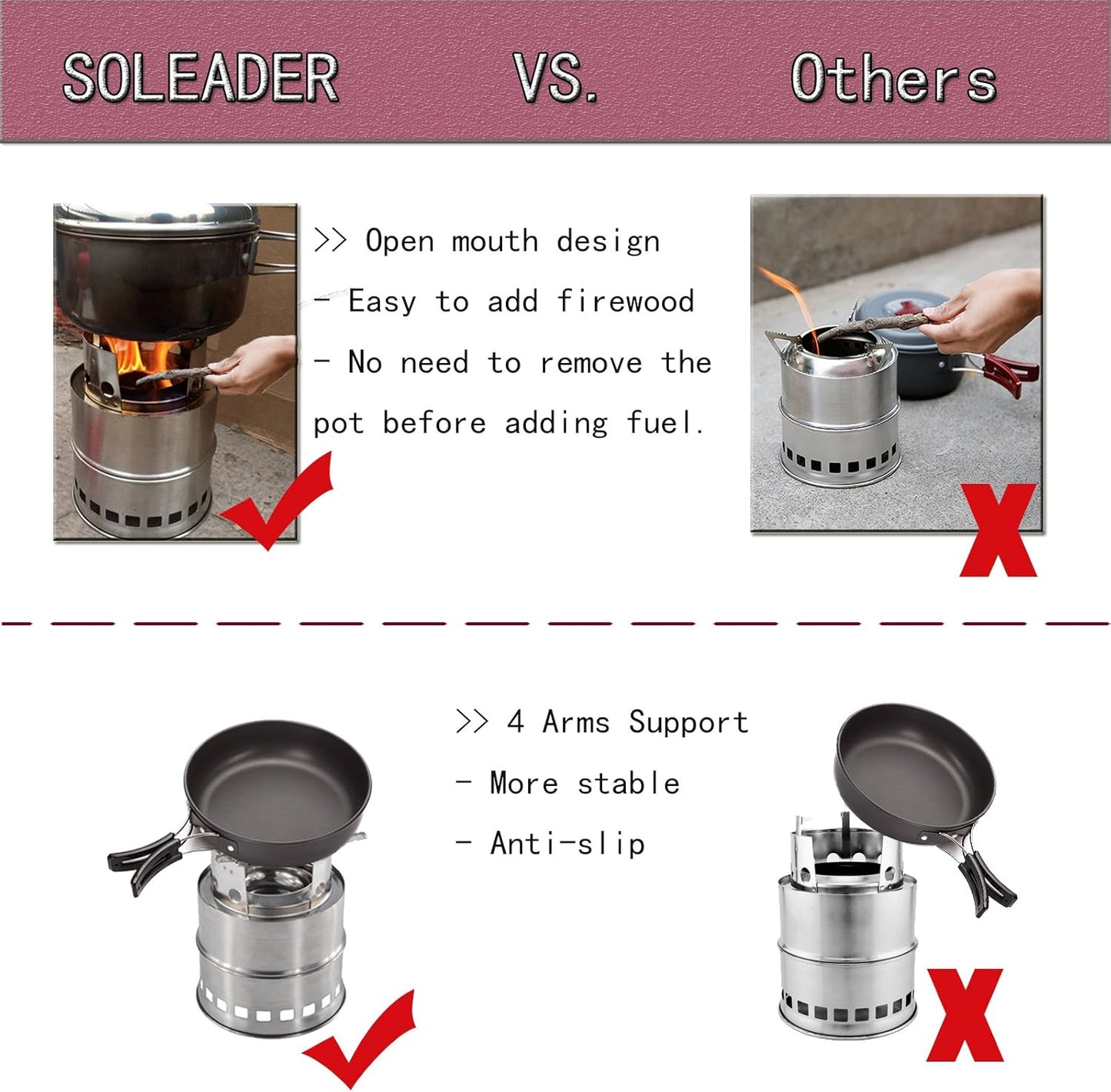 SOLEADER Portable Wood Burning Camp Stoves - Stainless Steel Compact Gasifier Stove - Twig Stove For Camping, Hiking, Picnic, BBQ, Backpacking The 3rd Generation