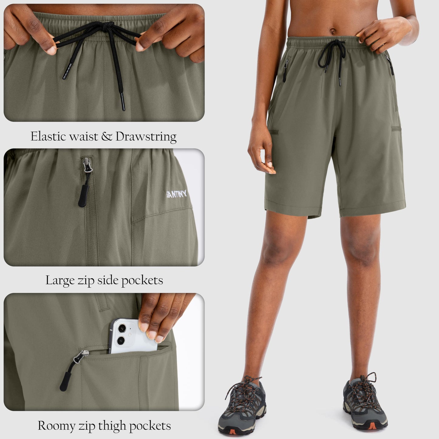 SANTINY Women's 5''/ 7''/9'' Hiking Cargo Shorts Quick Dry Lightweight Summer Shorts for Women Athletic Zipper Pockets(Grey Sage_M)