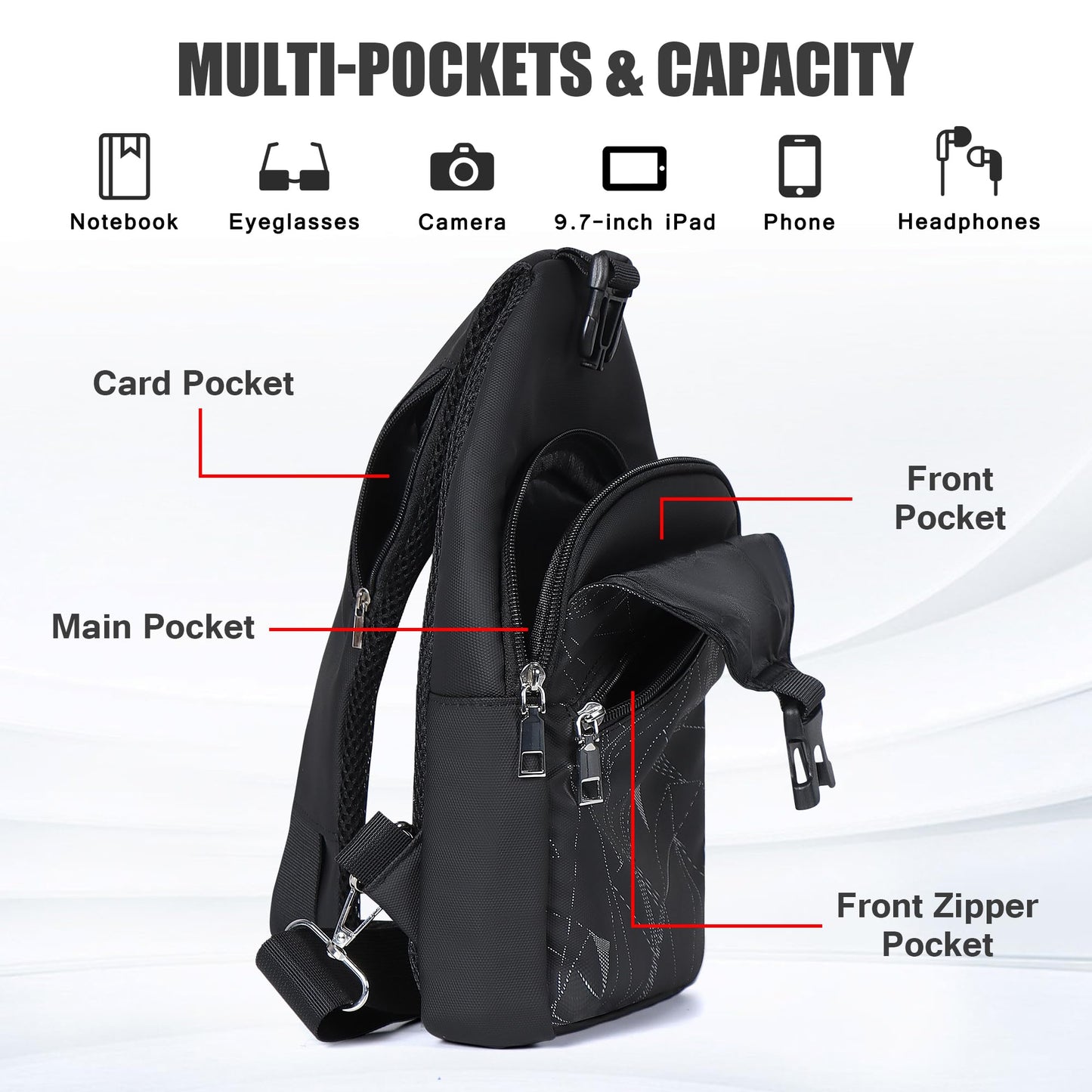 Geestock Sling Bag Backpack for Men & Women, Crossbody Backpack Shoulder Bag Waterproof Chest Bag for Daypack Travel Hiking (Black)