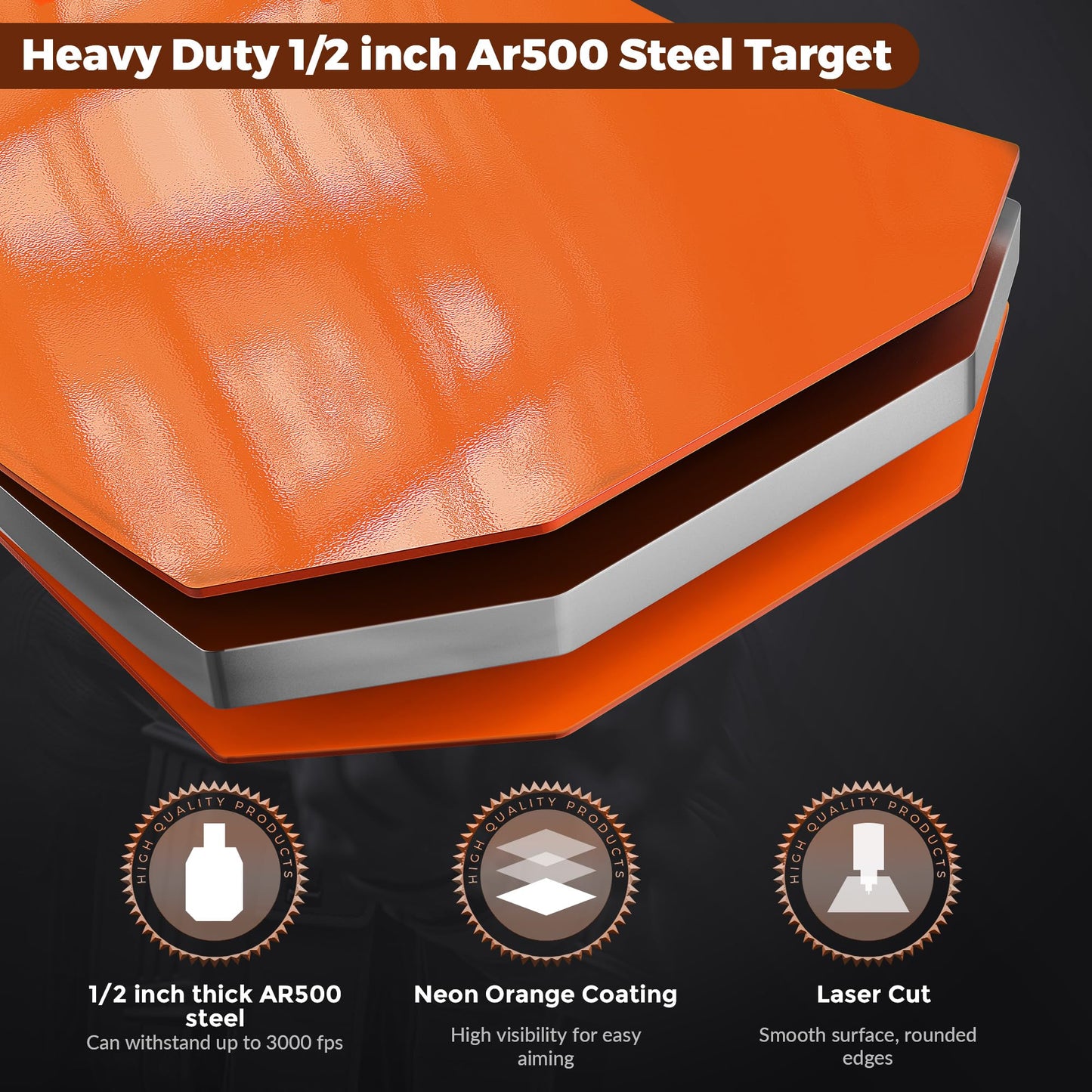 Ar 500 Steel Target 1/2 Inch Thick - Heavy Duty 12" x 20" Steel Silhouette Target, Laser-Cut Steel Plate Targets for Shooting, Metal Targets for Shooting Range, Neon Orange Color