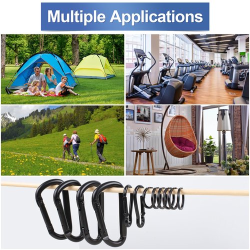 Heavy Duty Carabiner Clip by [Brand], 850lbs, 3 Pc Set: D Shaped + 2 Pc Set Gourd Shaped, 6 Key Rings, Spring Hooks Black for Outdoors, Gym, Keychains