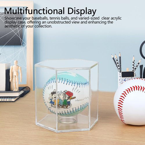 ELEGANTLIFE Baseball Display Case UV Protected Acrylic Clear Hexagon Baseball Holder for Tennis Balls,Coins,Memorabilia,with 1 Ball and 2-Coin Racks for Official Size Ball (Hexagon 1 Pack)